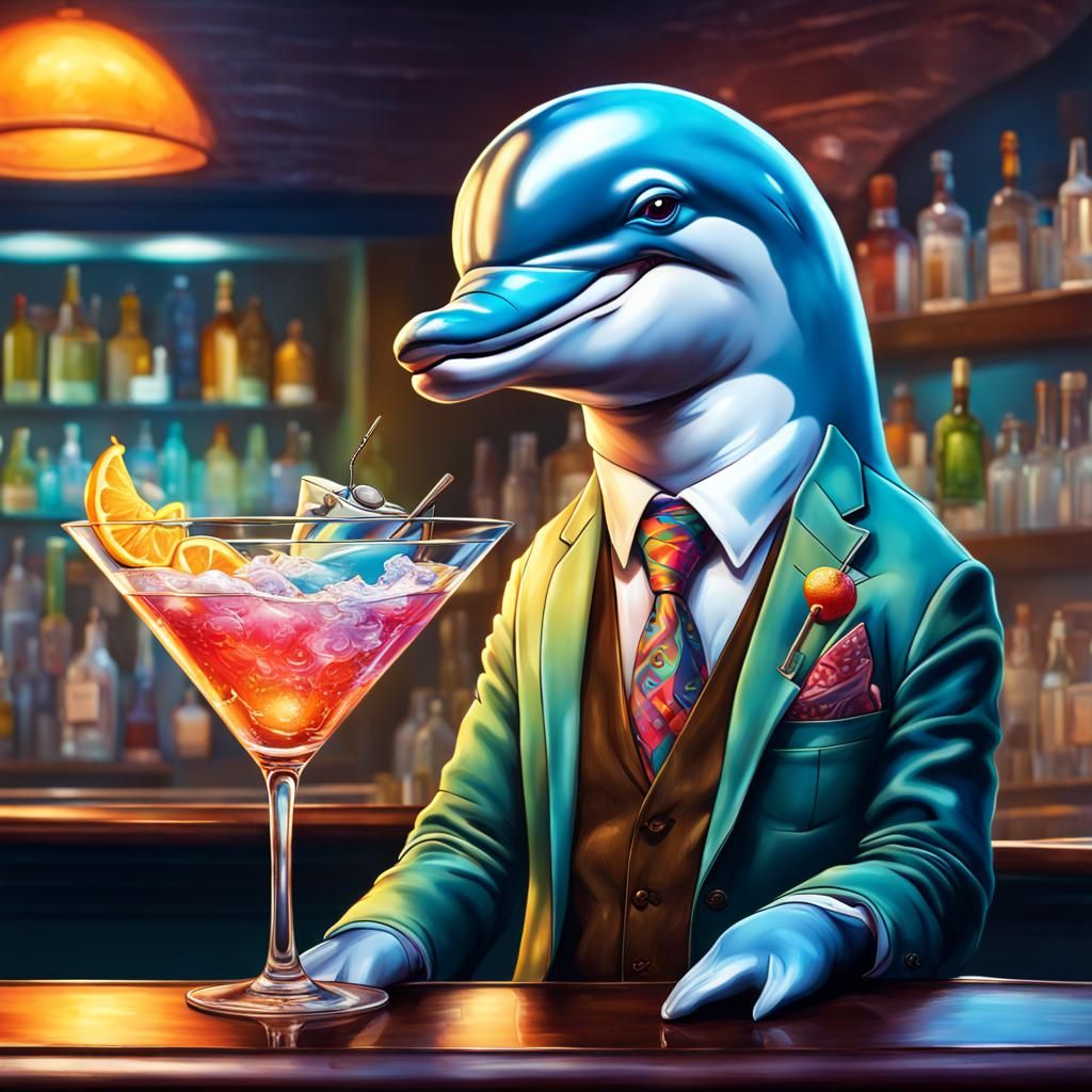 Hipster Dolphin Enjoying a Martini in Splash Art Style