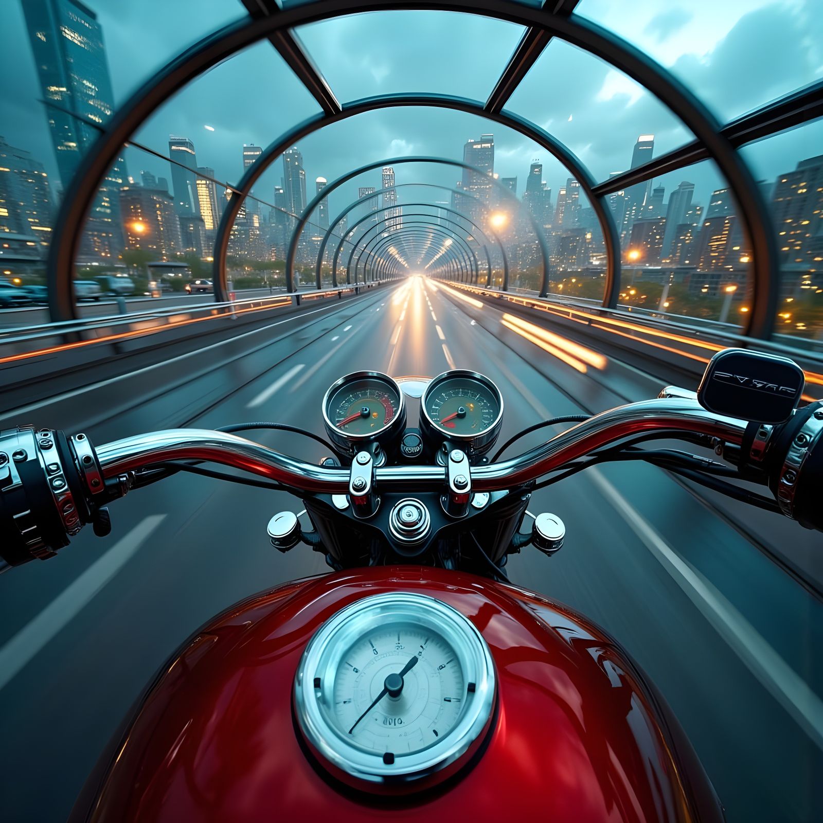 First-Person Motorcycle Ride Through Futuristic City Tunnel