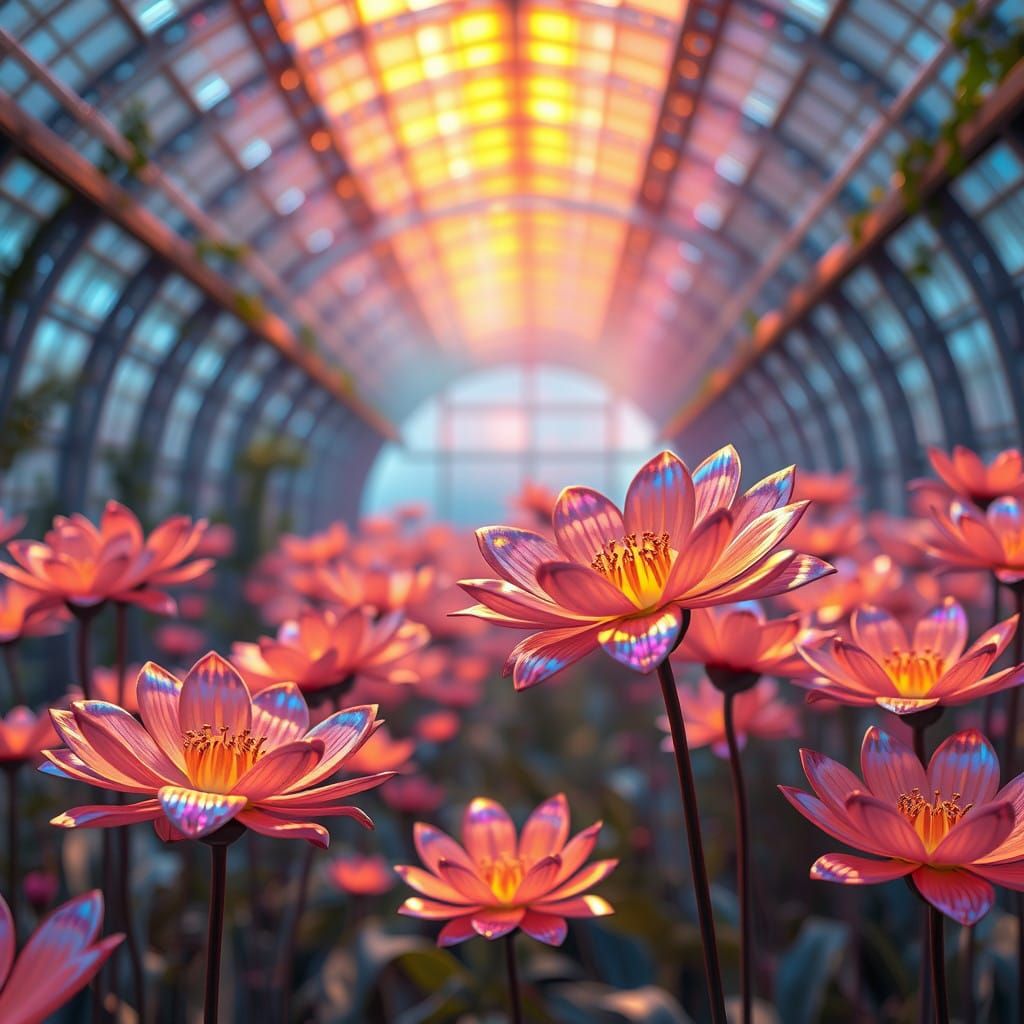 Mechanical Flowers in Luminous Futuristic Greenhouse