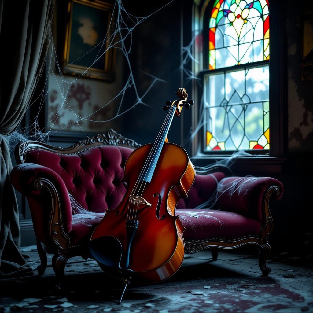 Vintage Cello on Velvet Chaise in Gothic Mansion
