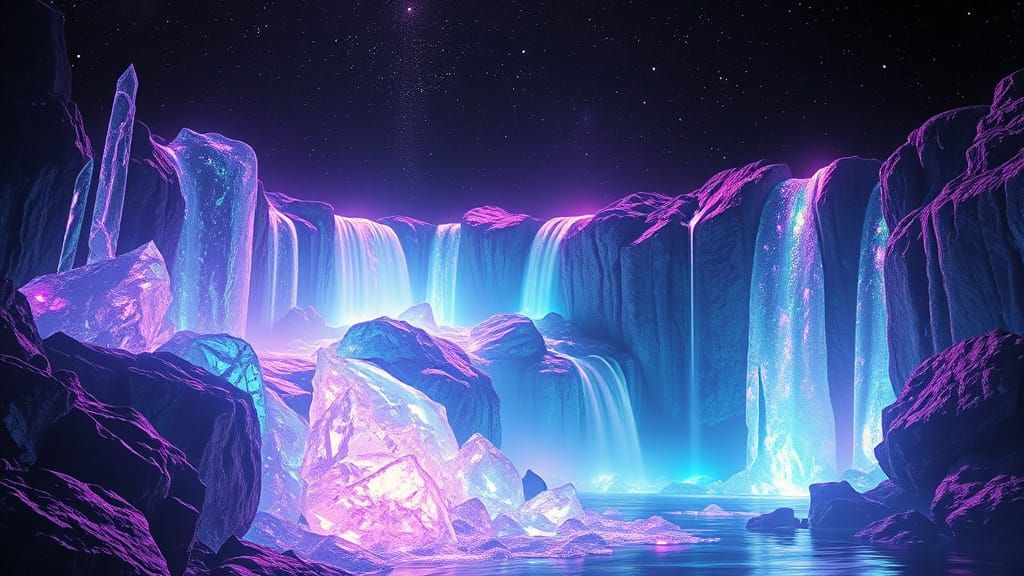 Ethereal Waterfalls in Neon-Lit Cosmic Landscape