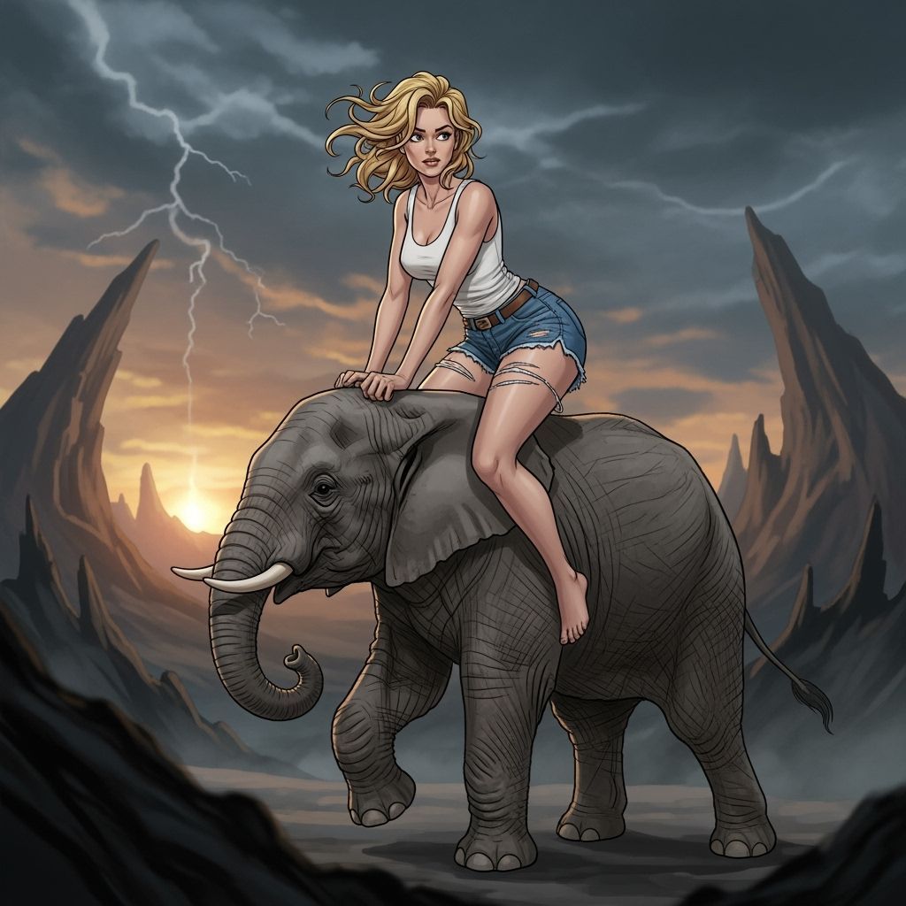 Daisy Duke Rides Young Elephant in Stormy Landscape