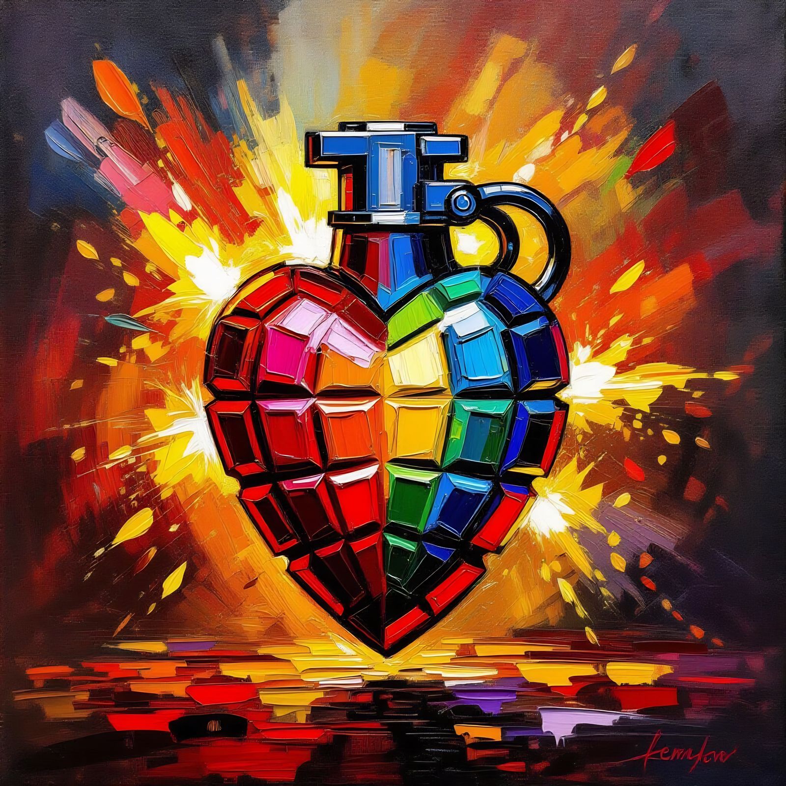 Multi-Colored Oil Paint Exploding Heart Grenade