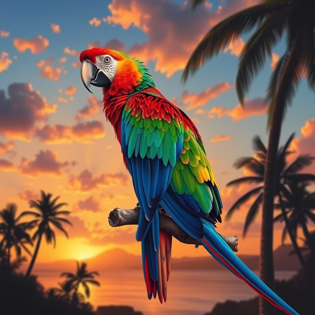 Colorful Parrot on Branch in Tropical Sunset, Audubon Style