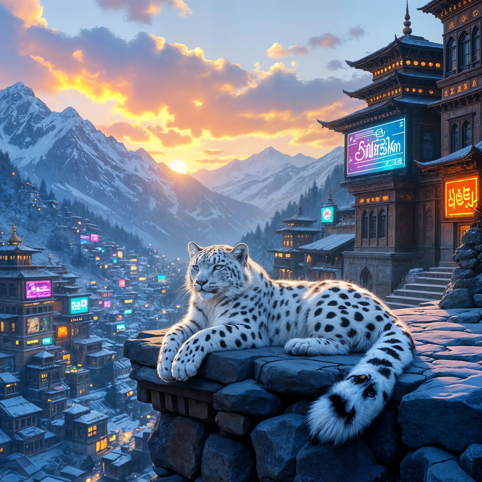 Snow Leopard in Futuristic Srinagar: Digital Matte Painting