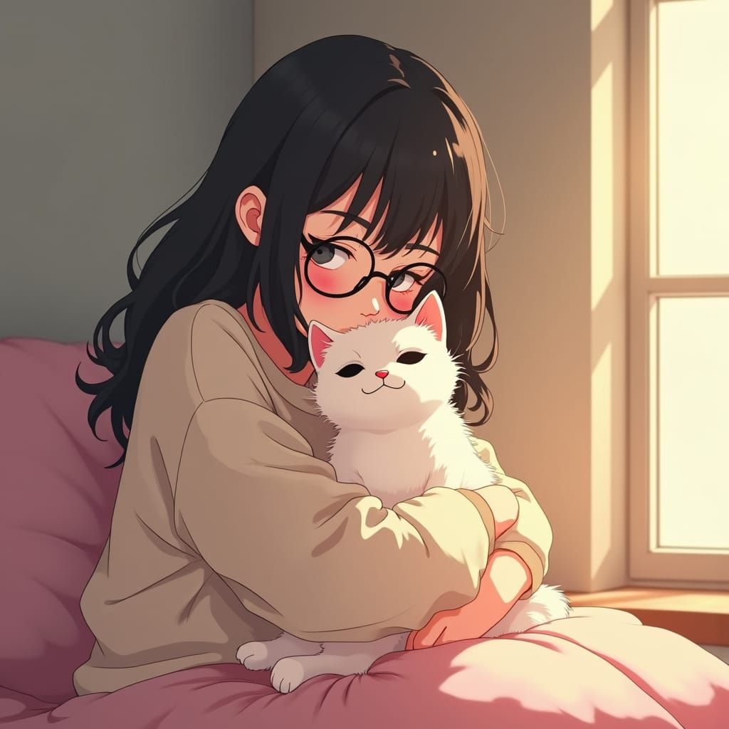 Girl with Cat in Anime Style
