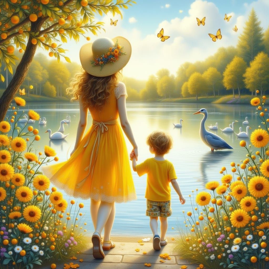 Mother and Child Stroll Around a Serene Lake in a Whimsical ...