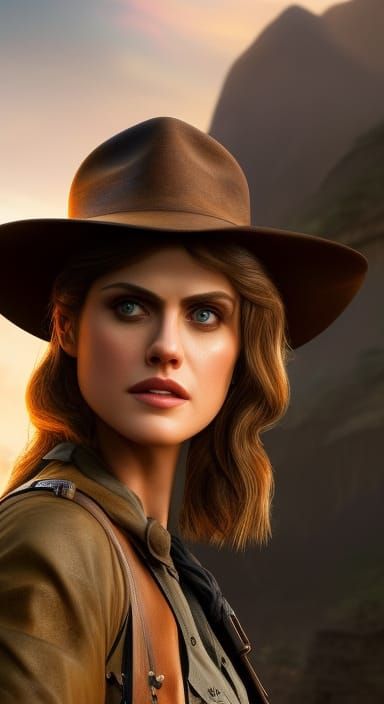 Alexandra Daddario as Indiana Jones in Hyperrealistic Style
