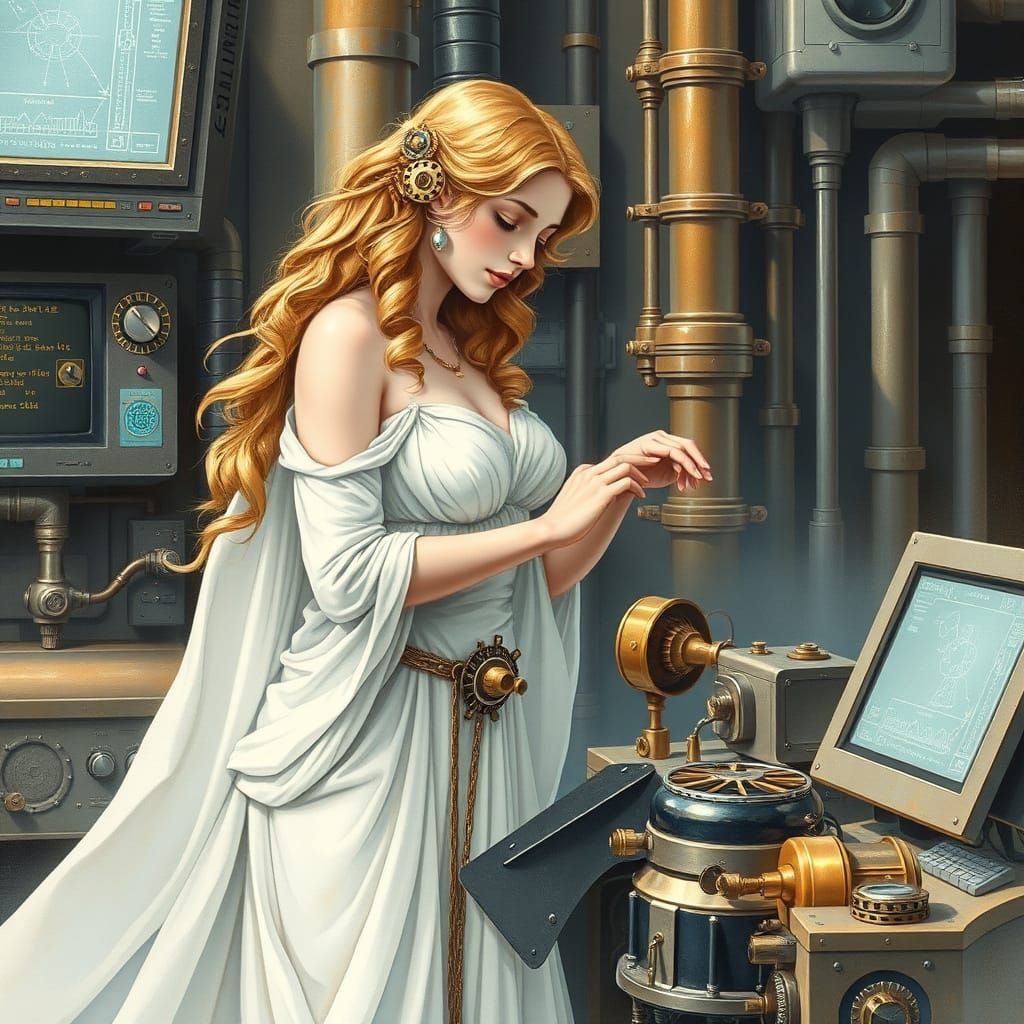 Aphrodite as Steampunk Technician in Pastel Watercolors