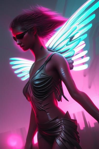 Cyberpunk Angel with Neon Wings Digital Art