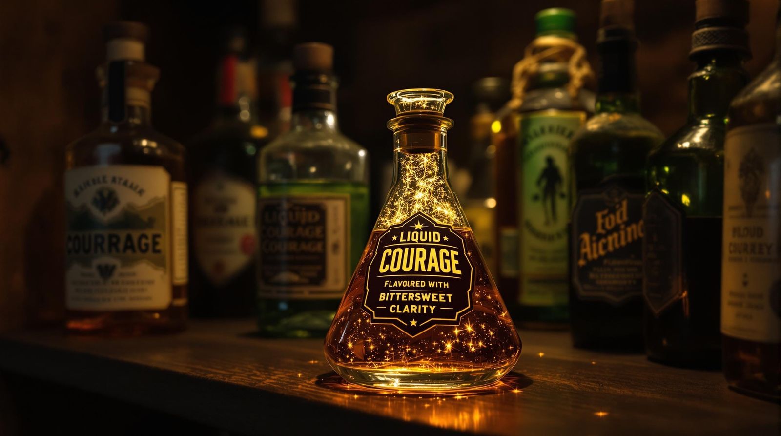 Vintage Flask with Amber Liquid and Golden Sparks