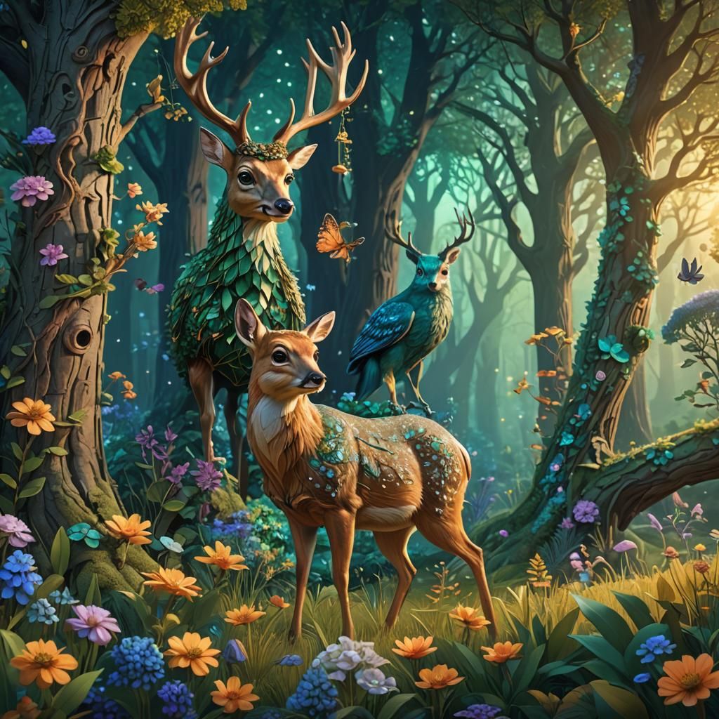 Whimsical Forest Scene with Animals in Detailed Line Art