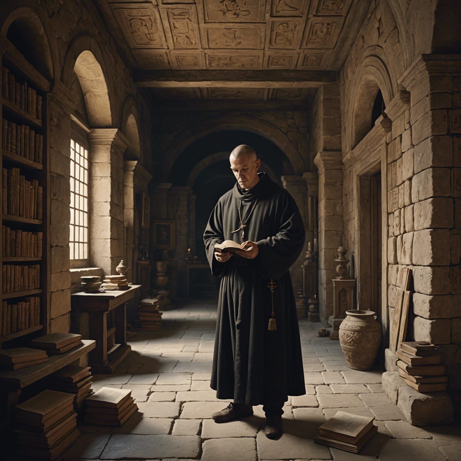 A catholic monk in a small stone room, with ancient scrolls and books, ancient paintings on the wall detailed matte pain...