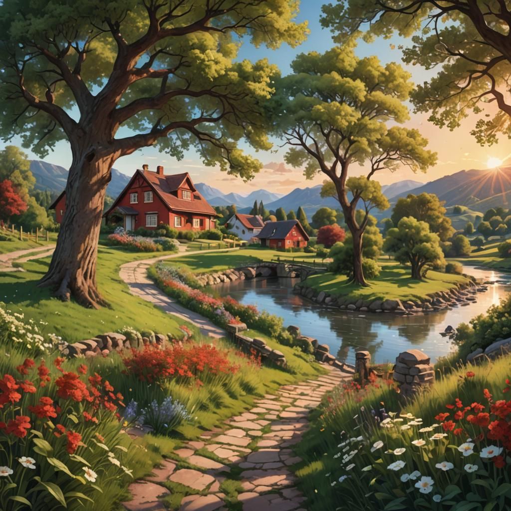 Riverside Village Path at Sunset: Hyperrealistic Splash Art