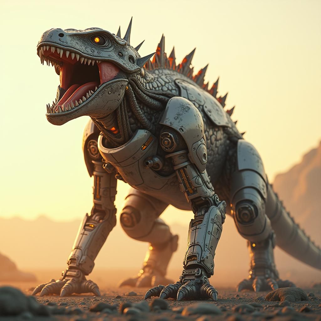 Armored Robot Lizard with Open Mouth in 8K