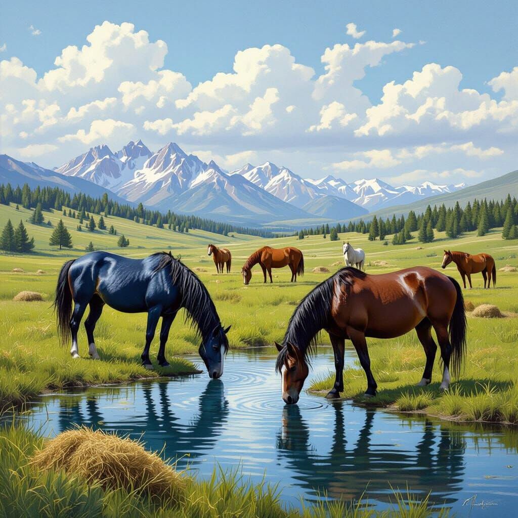 Majestic Blue Roan Horses in Scenic Landscape