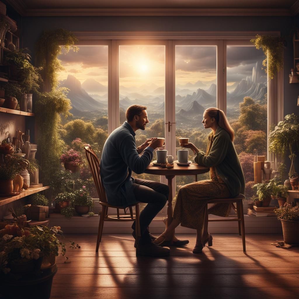 Loving Couple's Coffee Date: Digital Matte Painting