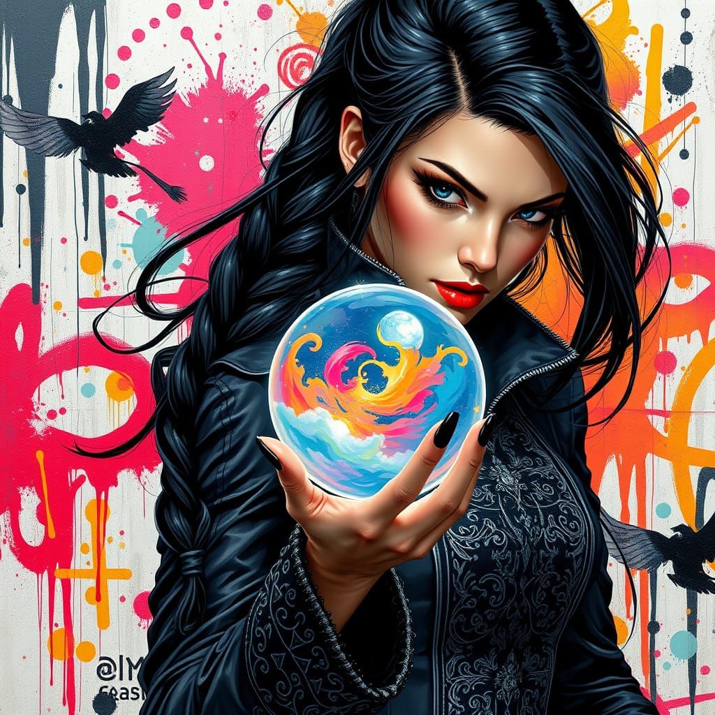 Mystical Urban Magician in Vibrant Graffiti Scene