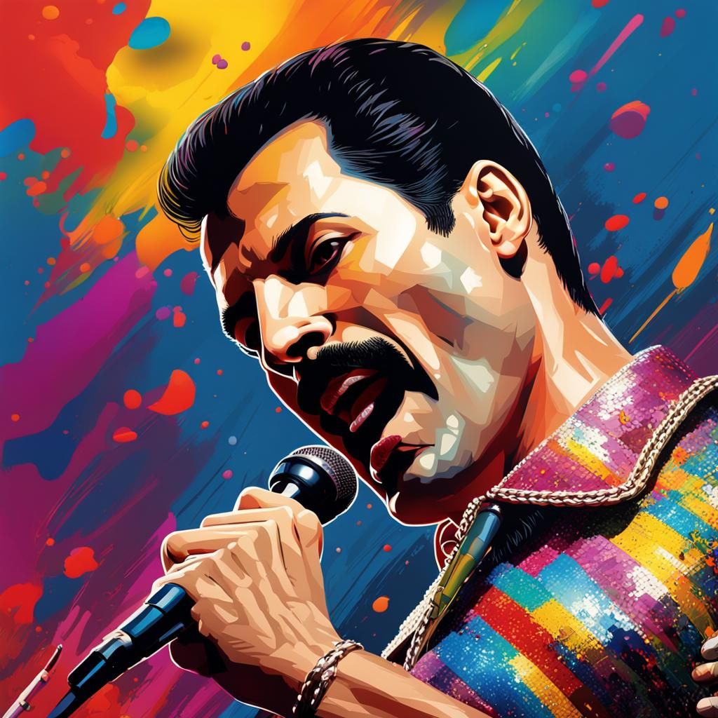 Hyperrealistic Portrait of Freddie Mercury in Splash Art Sty...