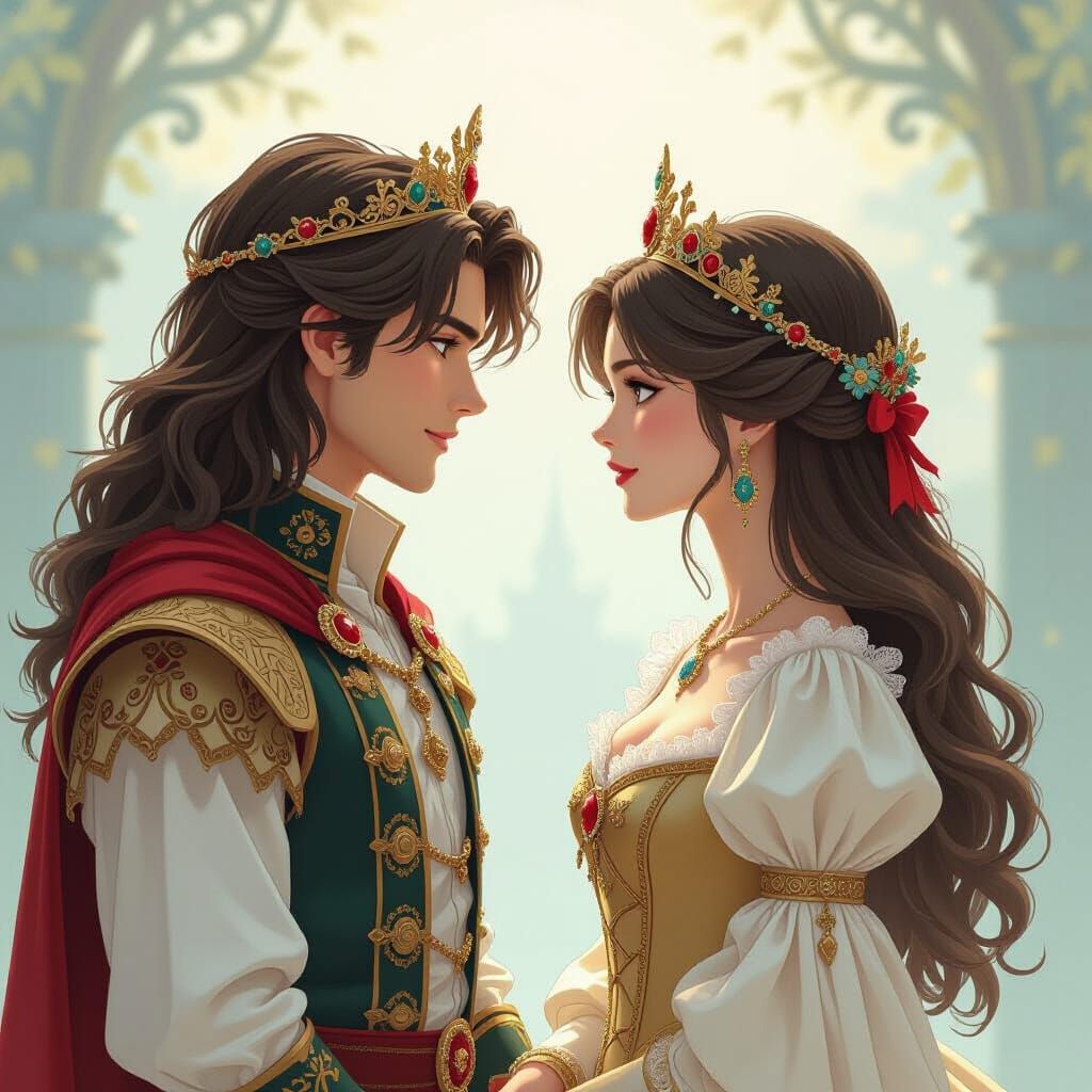 Romantic Heirs in Renaissance Attire with Dreamlike Backdrop