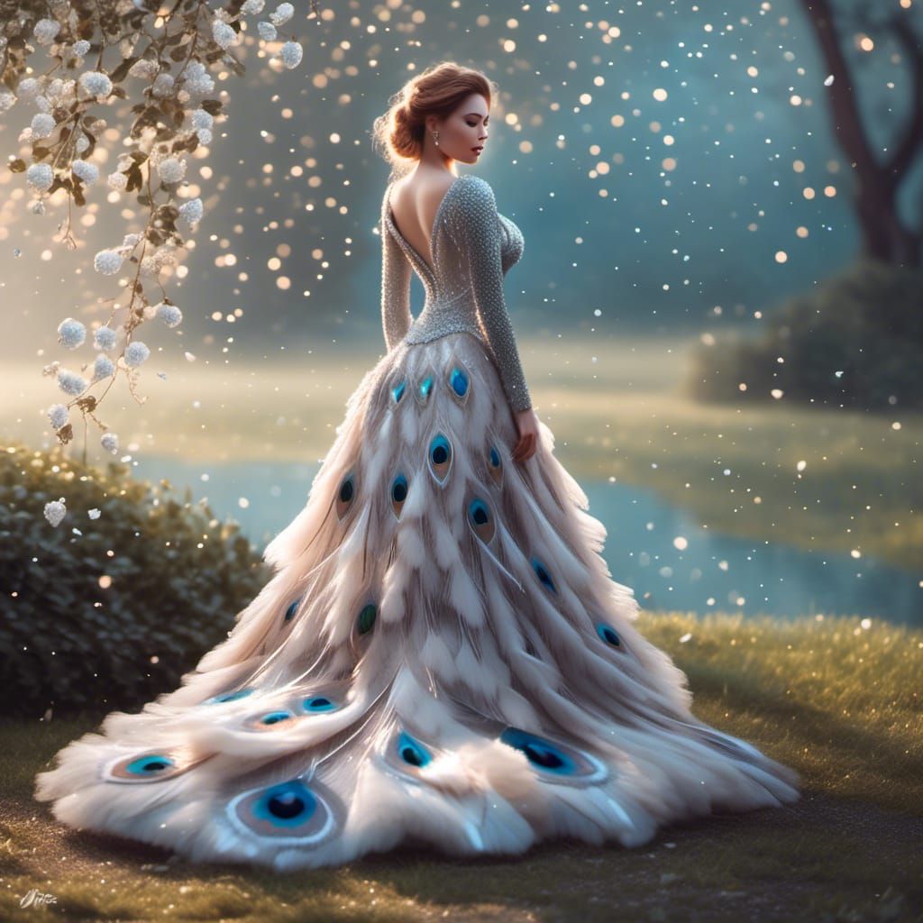 Ethereal Woman in Peacock Dress with Panther