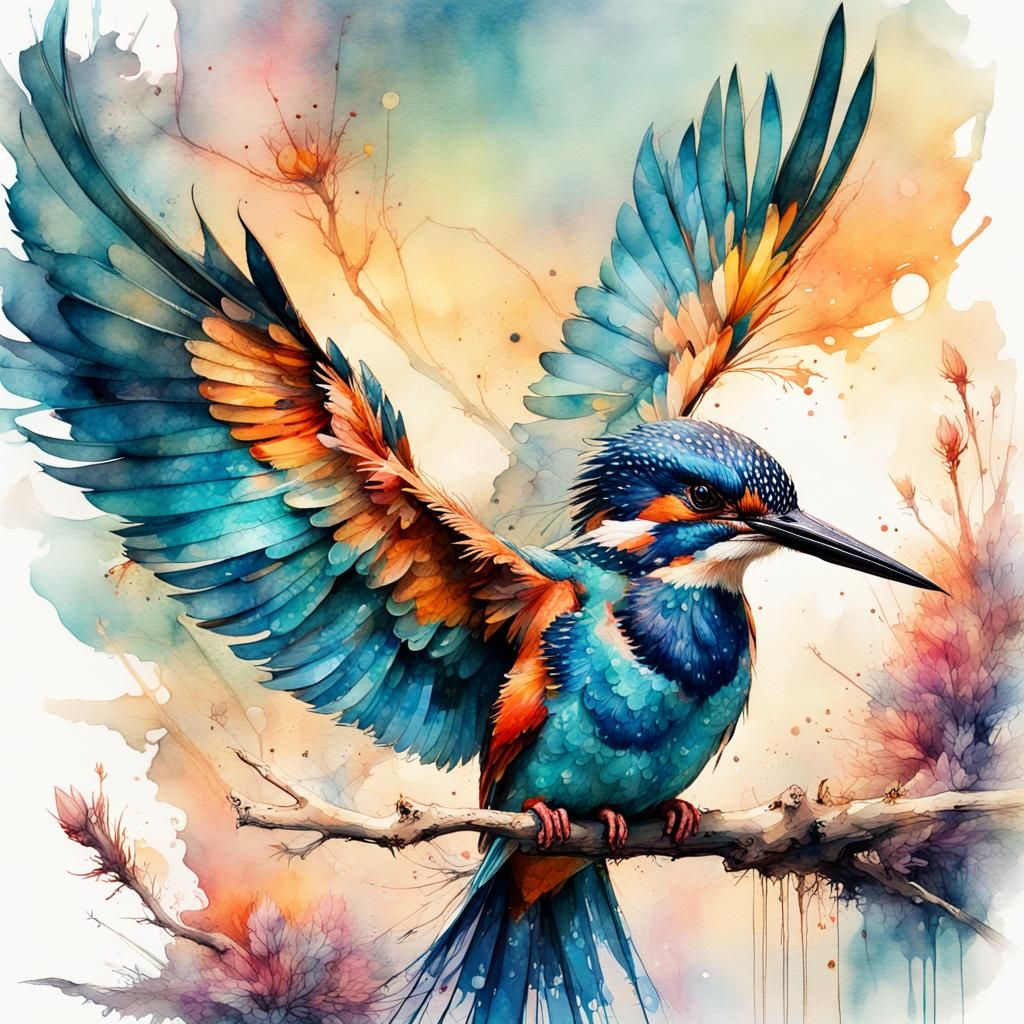 Kingfisher Bird in Fantasy Watercolor Illustration