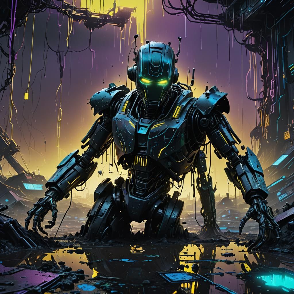 Black Robot Sinking in Tar: Matte Painting