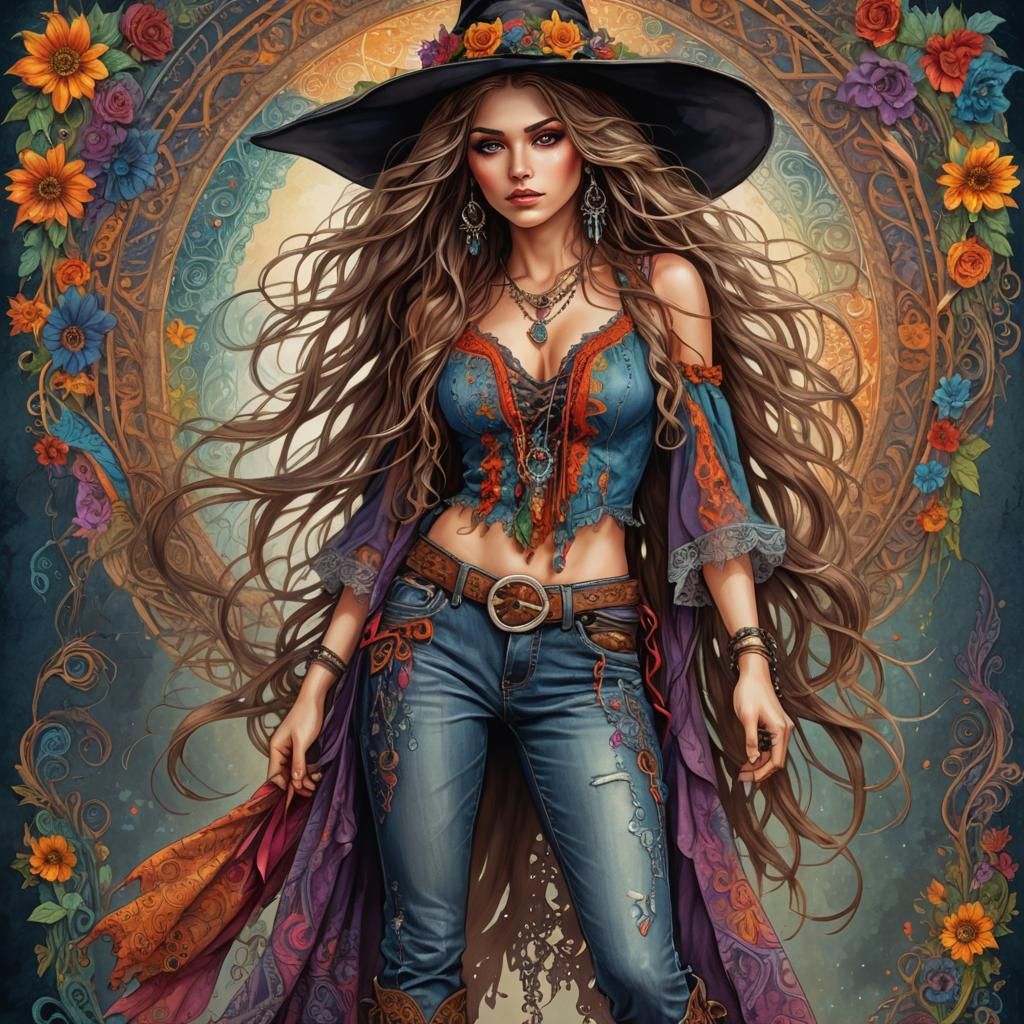 Boho Witch with Flowing Hair and Lace Top