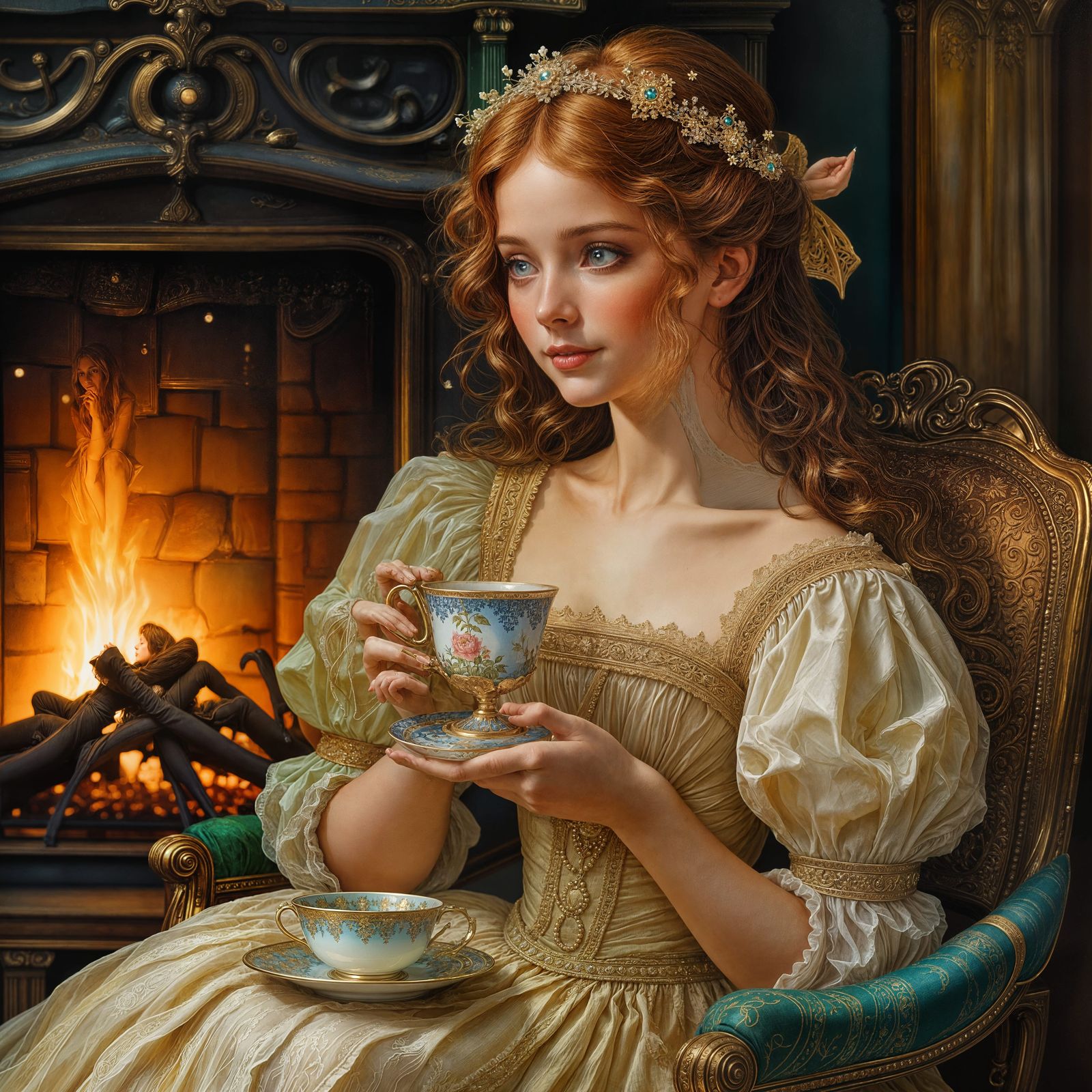 Victorian Maiden Enjoys Tea by Fireplace