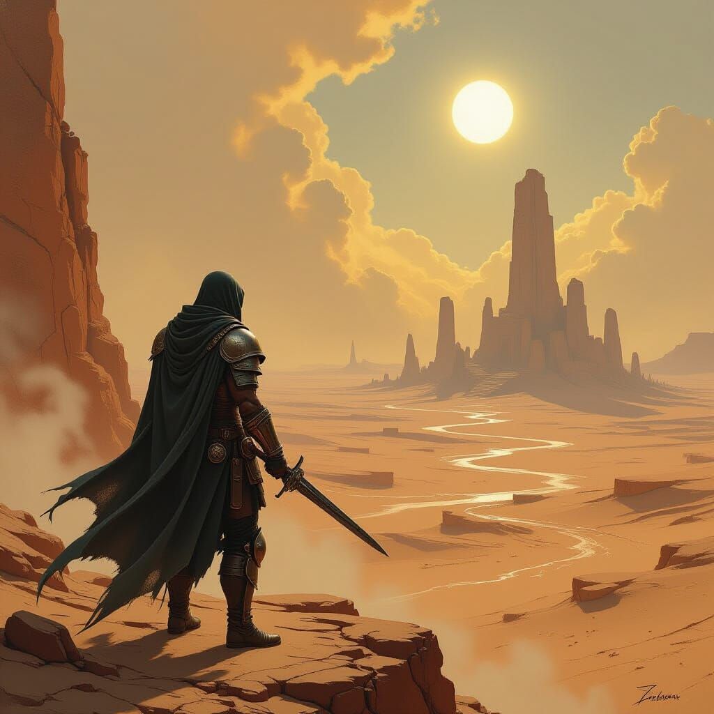 Warrior on Precipice Overlooking Alien Desert Ruins
