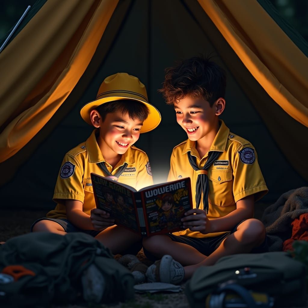 Boy Scouts Share Comic in Cozy Tent, Hyperrealistic Style