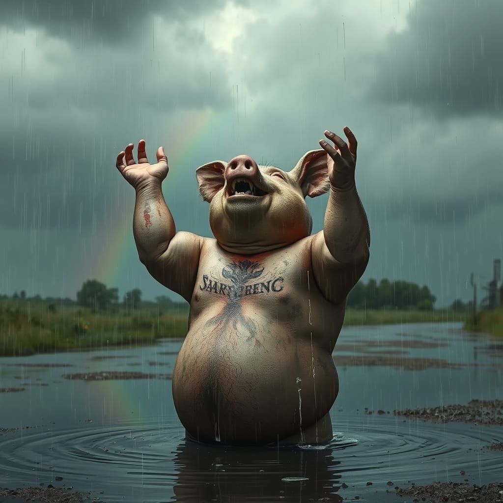 Delighted Pig-Man in Rainy Downpour