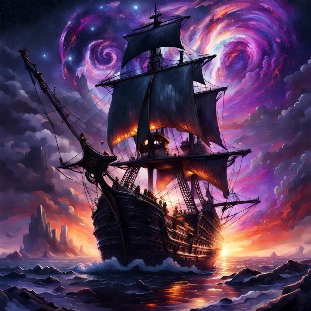 Flaming Pirate Ship Sailing Under a Starry Night