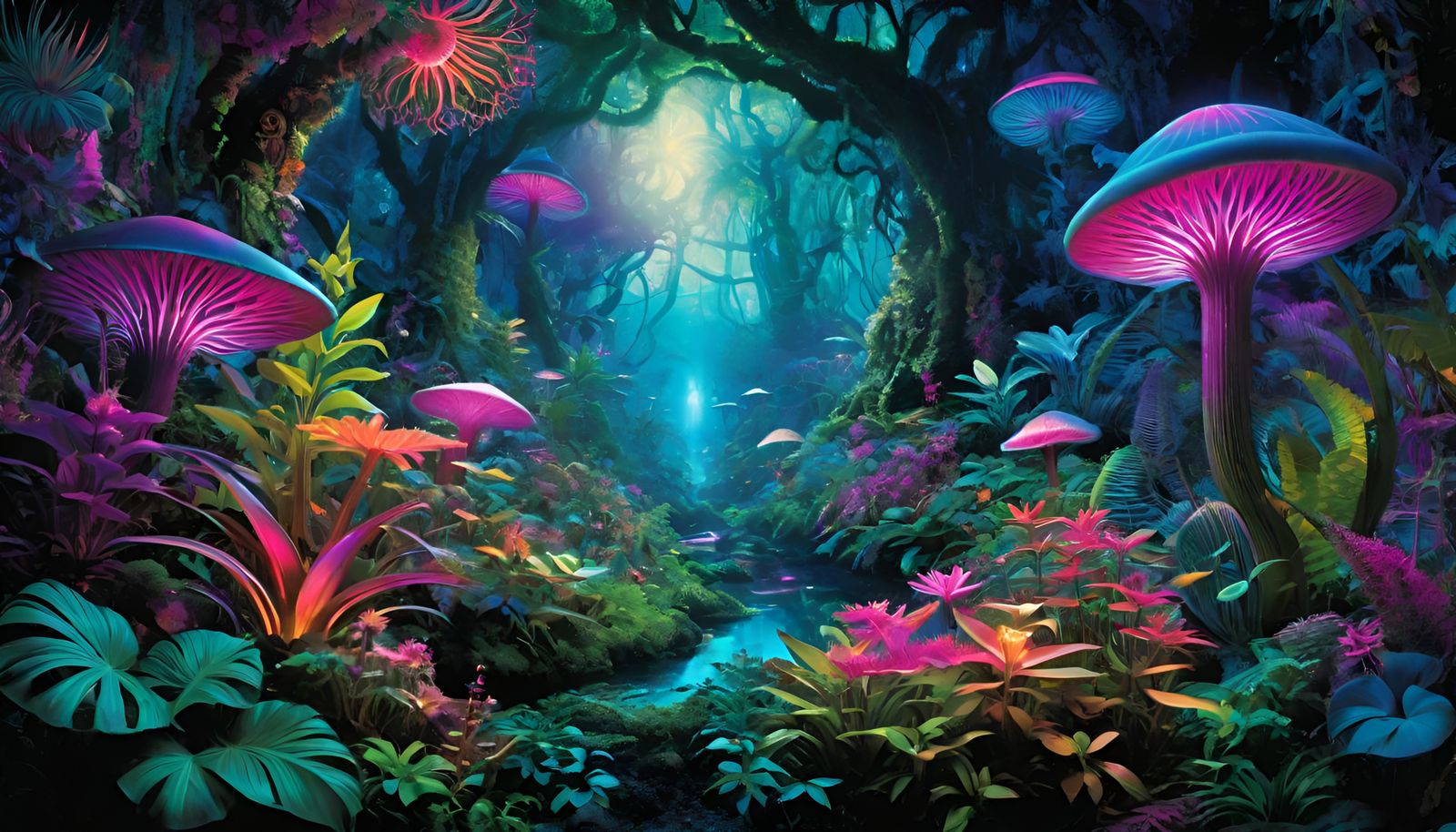 Psychedelic Jungle Wonderland with Magical Bioluminescent Pl...