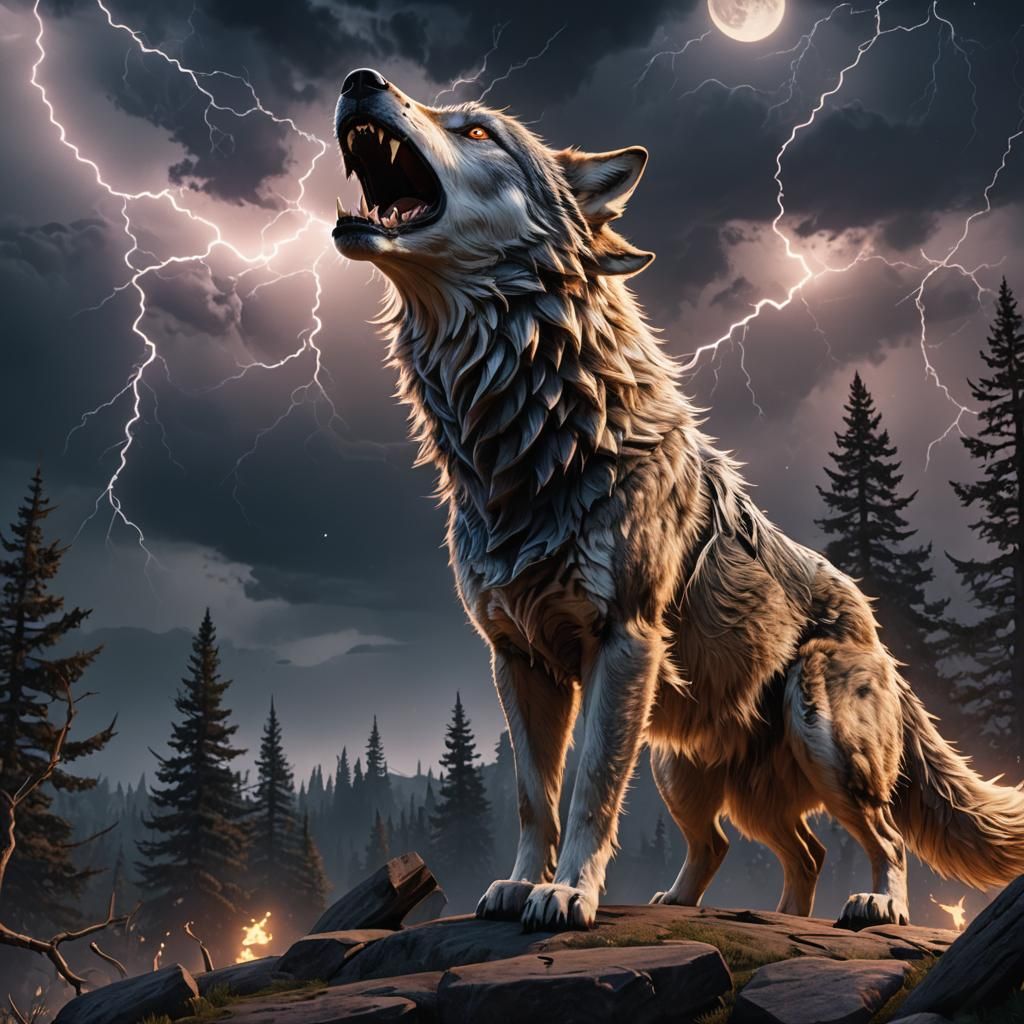 Wolf Lightning Bolt Howling at Moon, Detailed Matte Painting
