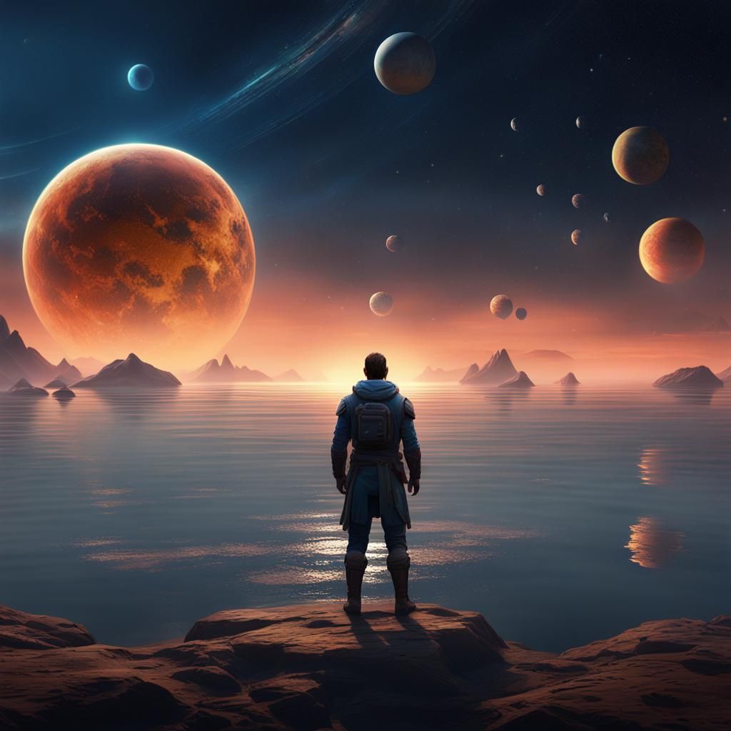 Man Gazing at Galaxy Horizon: Matte Painting
