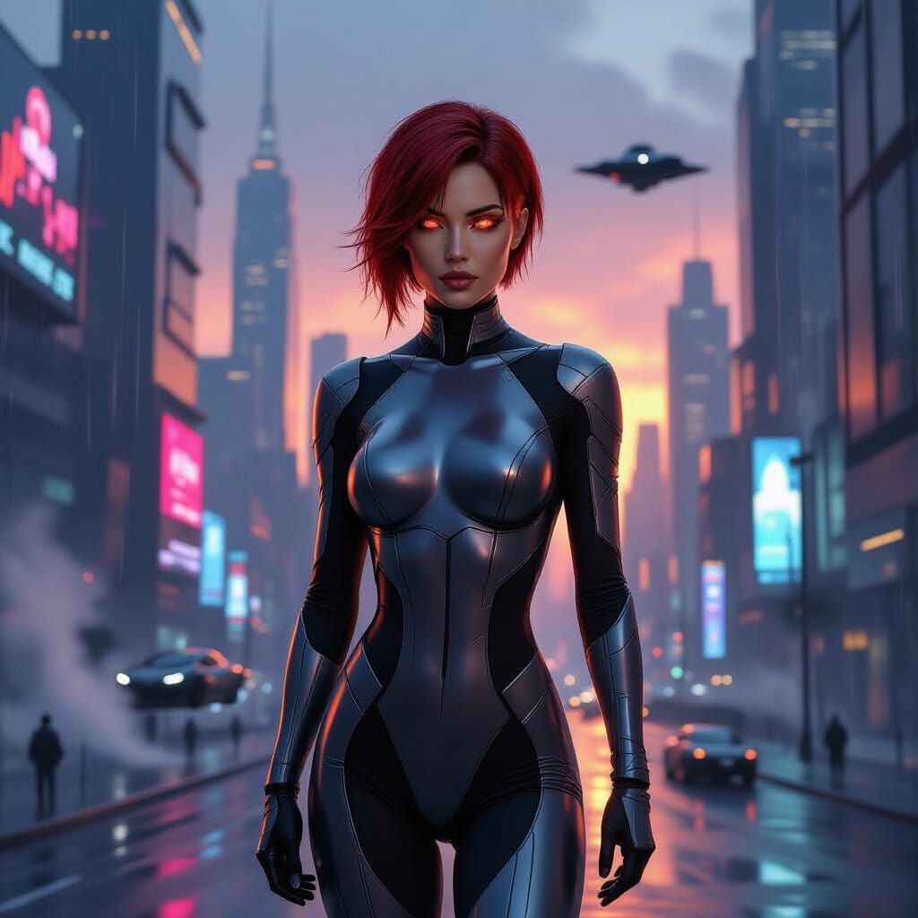 Female Cyborg Stands in Cyberpunk Cityscape