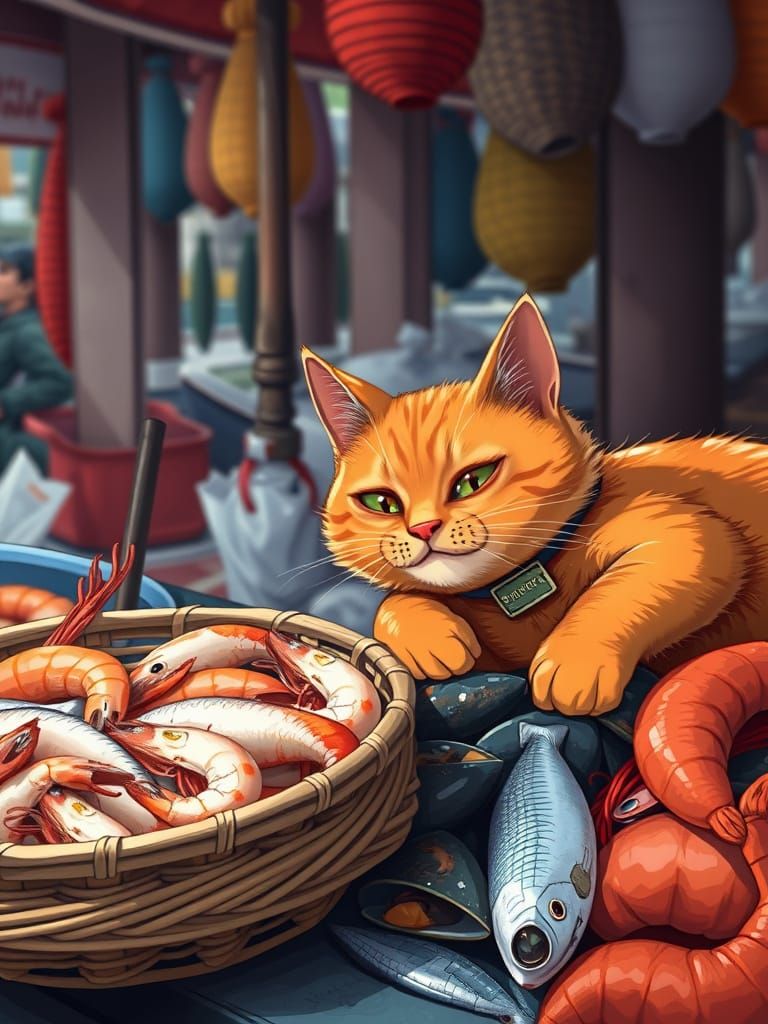 Orange Cat Longing for Seafood at Fish Market