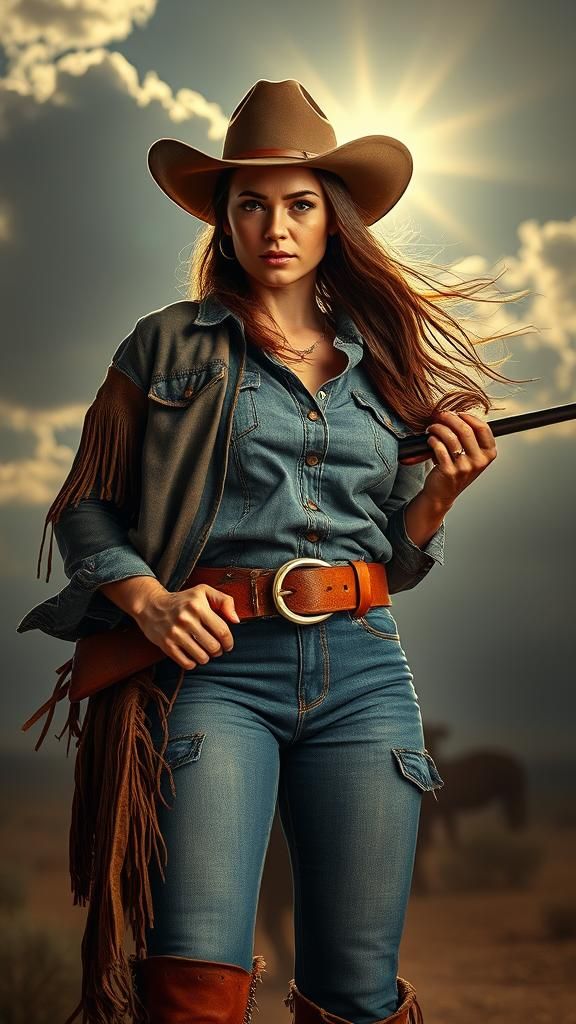 Heroic Cowgirl with Winchester Rifle in Cinematic Style