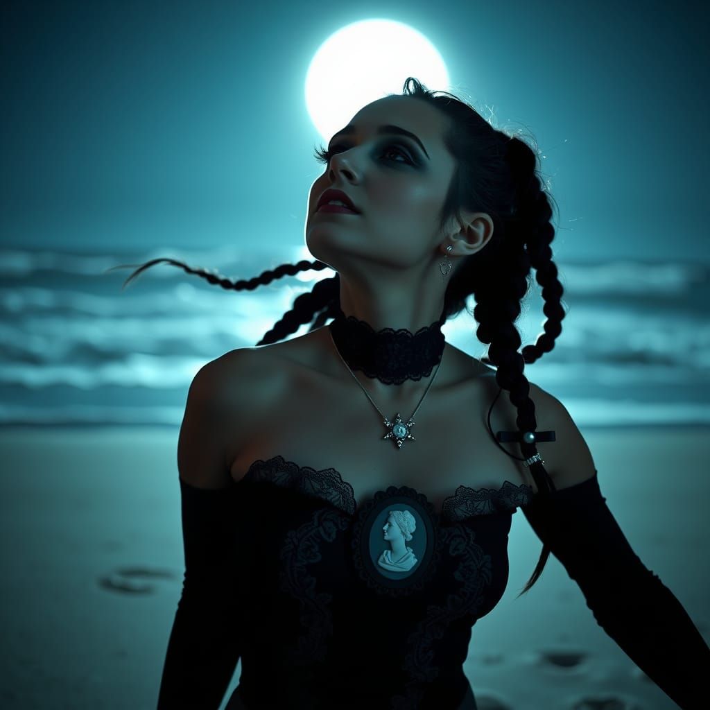 Gothic Woman Sunbathing in Moonlight on Beach