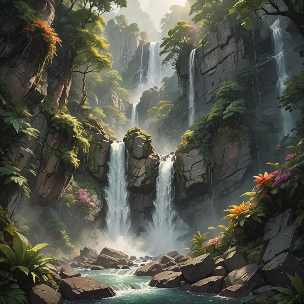 Realistic Masterpiece of Cascading Waterfall in Dense Forest