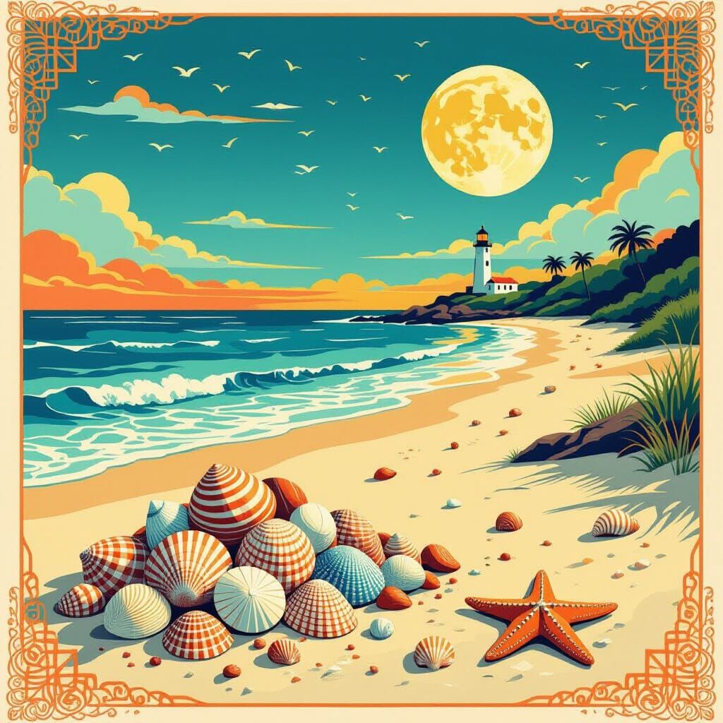 Tropical Beach Cove in Chinese Woodcut Style