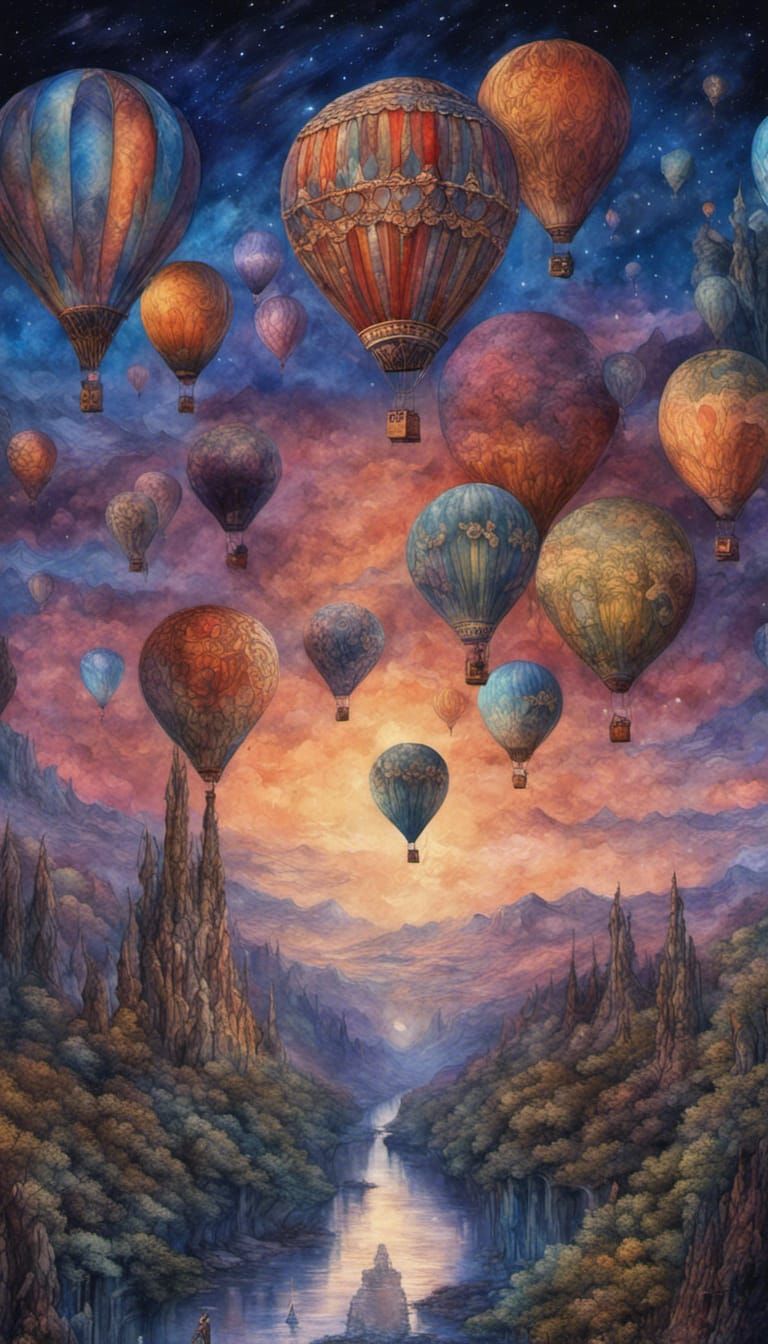 Gothic Hot Air Balloons in Twilight Sky