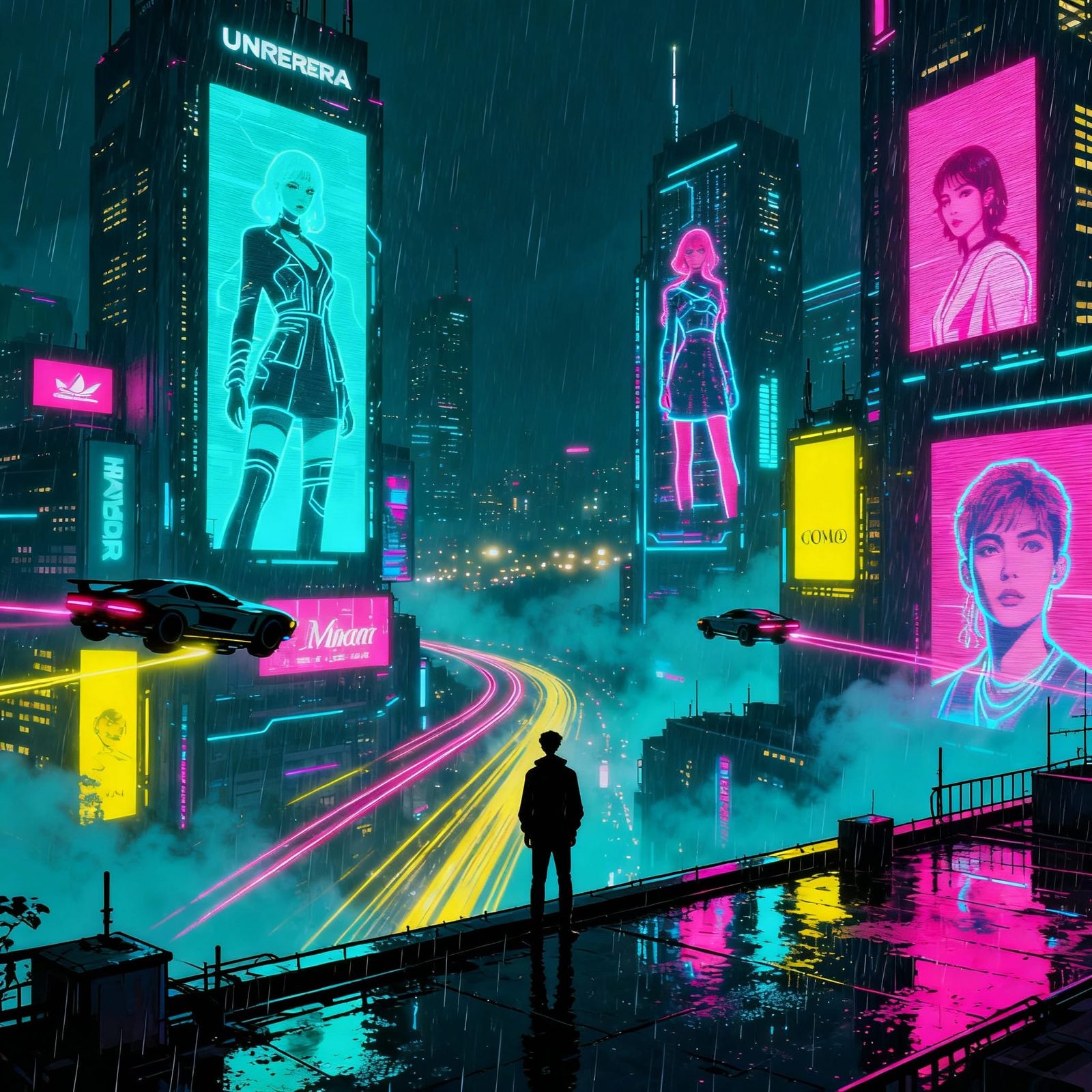 Cyberpunk Cityscape with Hover Cars in Neon Glow
