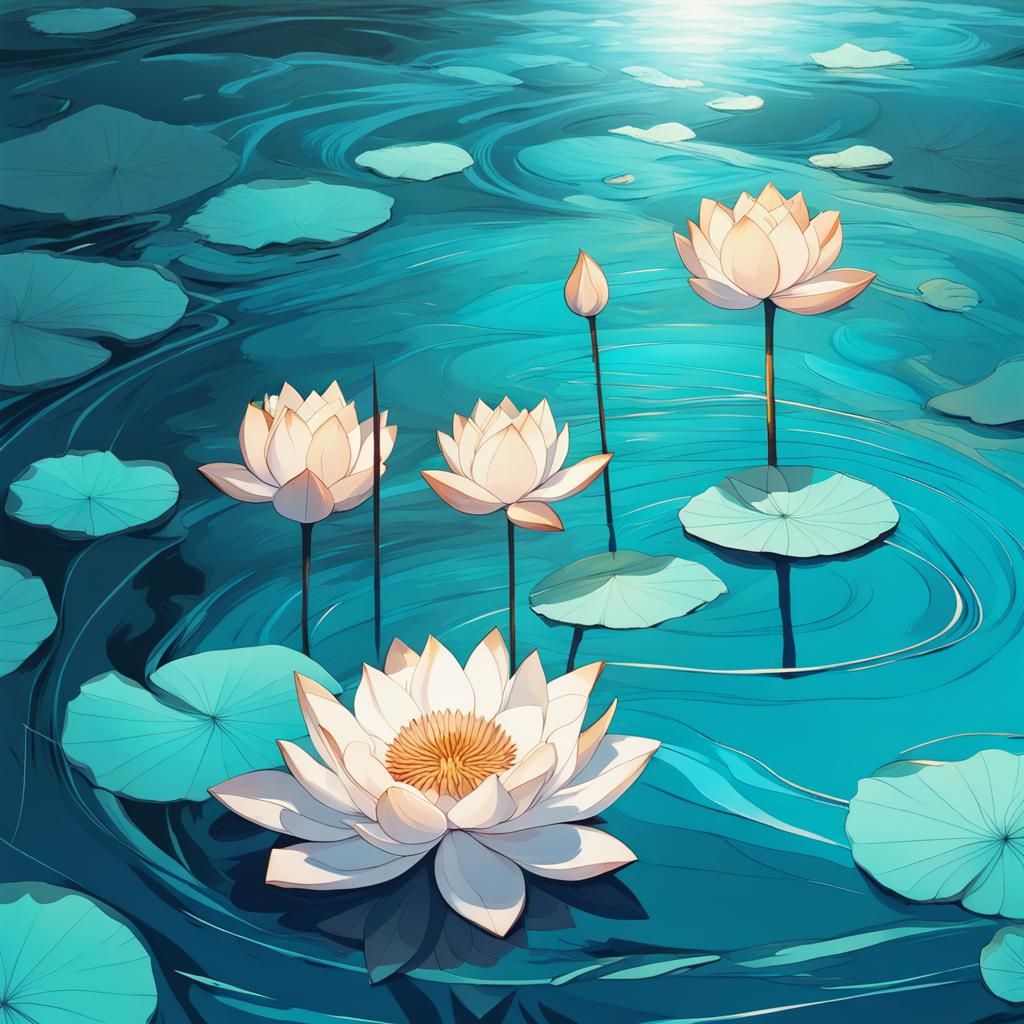 Blue Lotus on Turquoise Waves: Anime Art