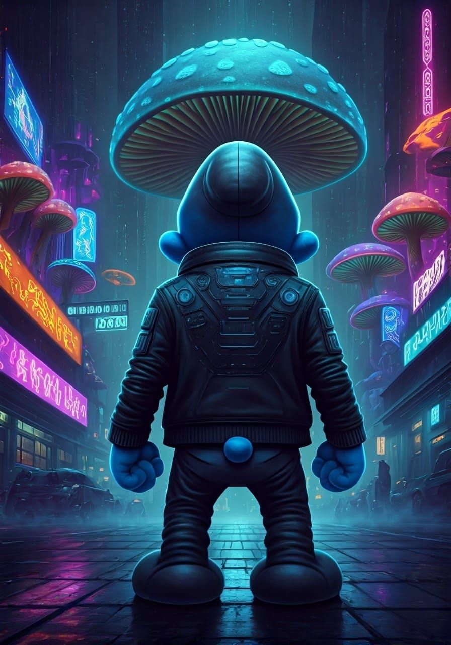 Cyberpunk Smurf Hero in Neon Mushroom City