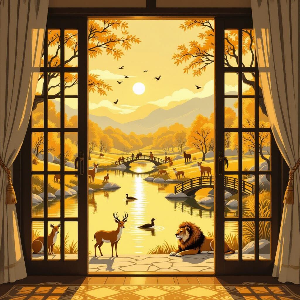 Golden Pastoral Scene Through Luxurious Hotel Window