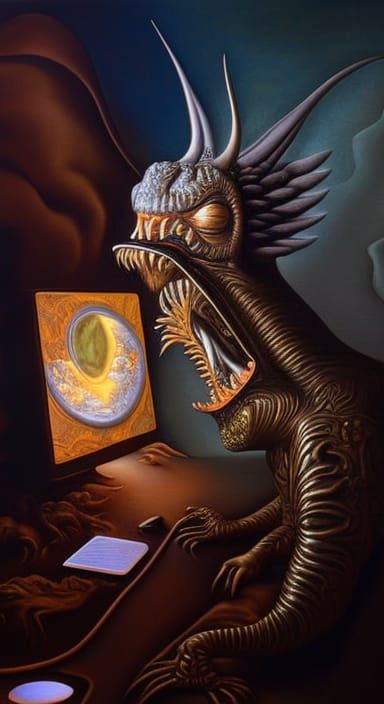 Hyperrealistic Troll Screaming at Computer, Oil on Canvas