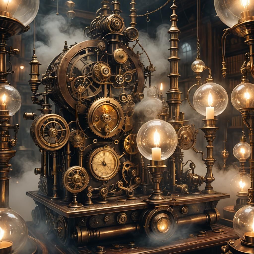 Steampunk Clockwork Engine in Ethereal Victorian Lab