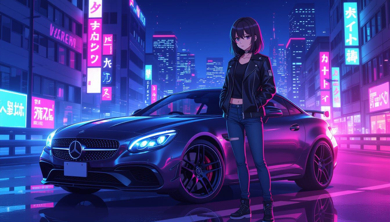Anime Girl in Neon Cityscape with Mercedes